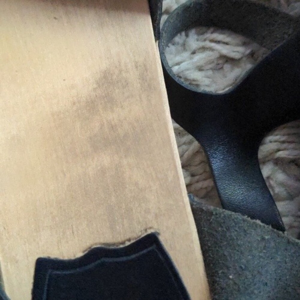 Swedish Hasbeens Black Leather Peep-Toe Slingback Cork Sandals - Picture 10 of 14